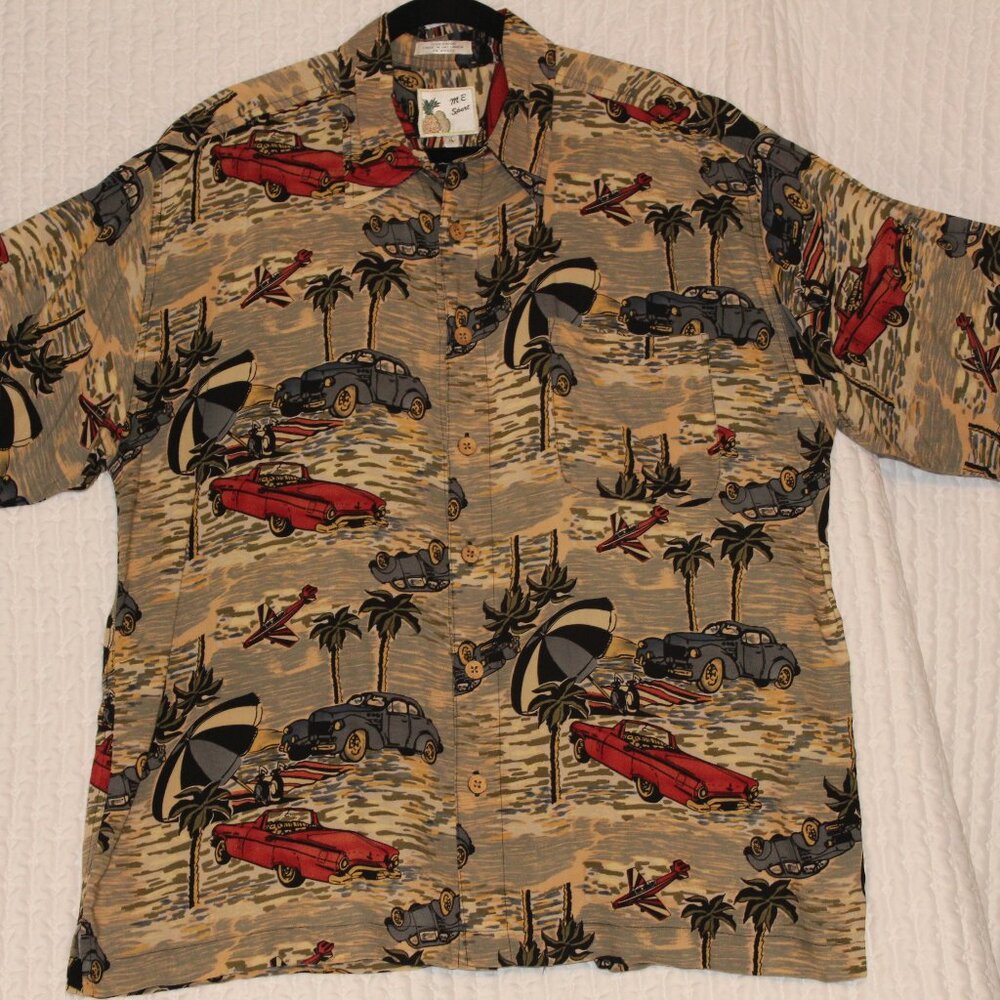 Hawaiian SHIRT ft. 1950's cars planes palms 100% rayon XL M.E. Sport